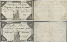 France: République Française pair of the 50 Livres Assignat of the December 14th 1792 issue, P.A72, one with traces of glue on back and the other one ...