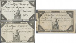France: République Française set with 3 banknotes 50 Livres Assignat of the December 14th 1792 issue, P.A72, one with tiny holes at left border (VF), ...