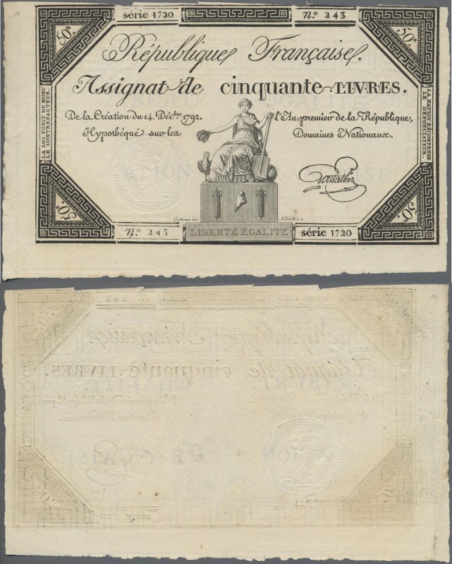 France: République Française 50 Livres Assignat of the December 14th 1792 issue,...