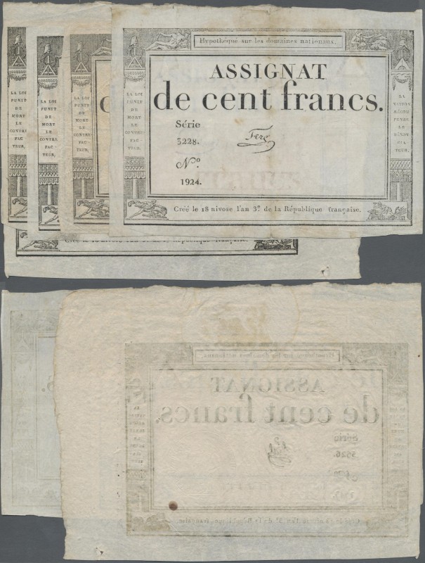 France: République Française set with 5 banknotes 100 Francs Assignat January 7t...