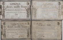 France: République Française pair of the 2000 Francs Assignat January 7th 1795, P.A81, one with tiny rusty holes due to ink corrosion, Condition: F/VF...