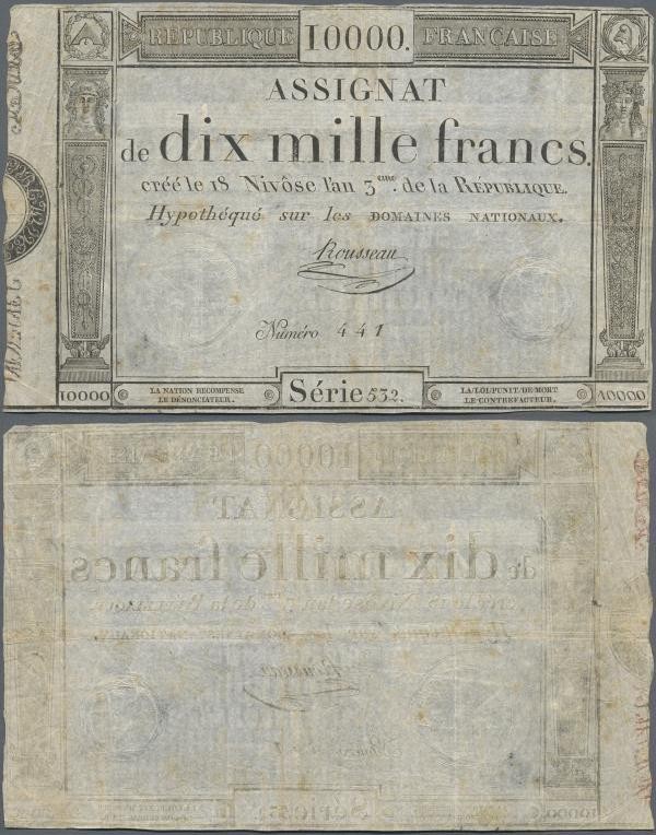 France: Assignat 10.000 Frans 1795 P. A82 in used condition with several folds, ...