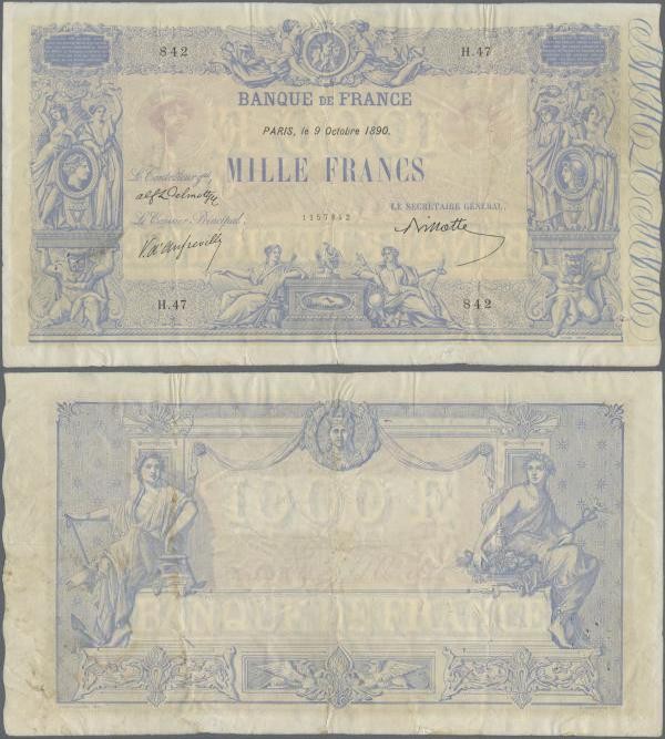 France: Banque de France 1000 Francs October 9th 1890 with signatures: Delmotte,...