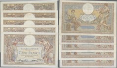 France: Banque de France set with 5 banknotes 100 Francs 1932, 1933, 1934, 2x 1936, P.78b,c ”MERSON” with signatures: Platet & Strohl and Boyer & Stro...