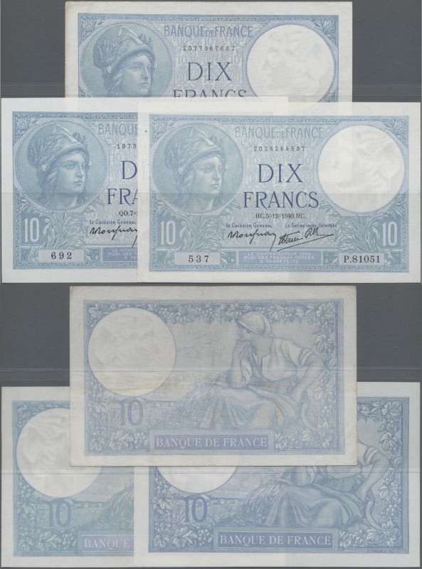 France: Banque de France set with 3 banknotes 10 Francs 1940/41 with signature t...