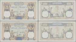 France: Banque de France set with 3 banknotes 1000 Francs 1931, 1932, 1936, P.90c ”Cérès et Mercure” with signatures: de Bletterie / Rousseau / Favre-...