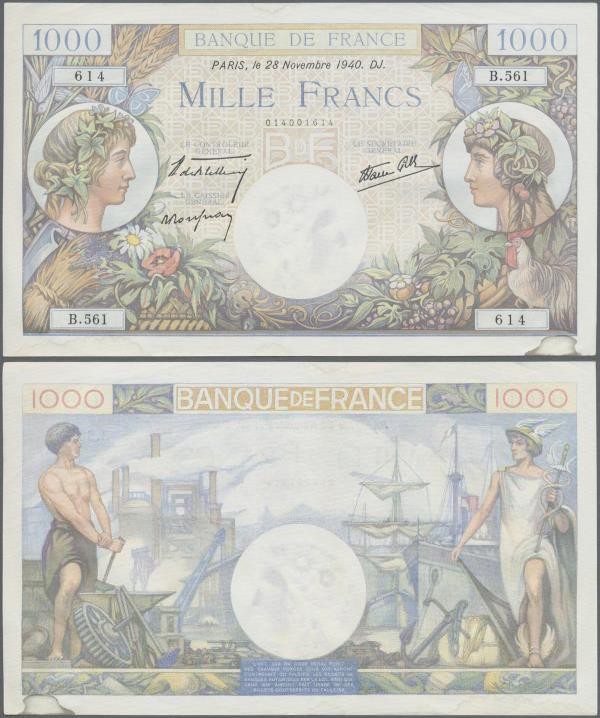 France: set of 5 MOSTLY CONSECUTIVE notes 1000 Francs ”Commerce & Industrie” 194...