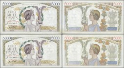 France: set of 2 notes 5000 Francs 1942 & 1943 P. 97, both with crisp paper, original strongness and colors, a few pinholes and light folds, no tears,...