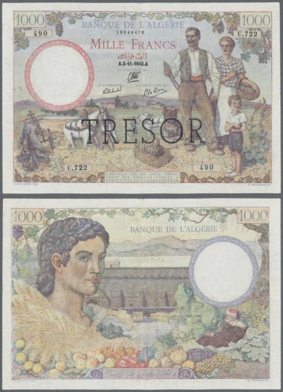 France: Trésor Central 1000 Francs 1942, overprint ”TRESOR” on Algeria #89, P.11...