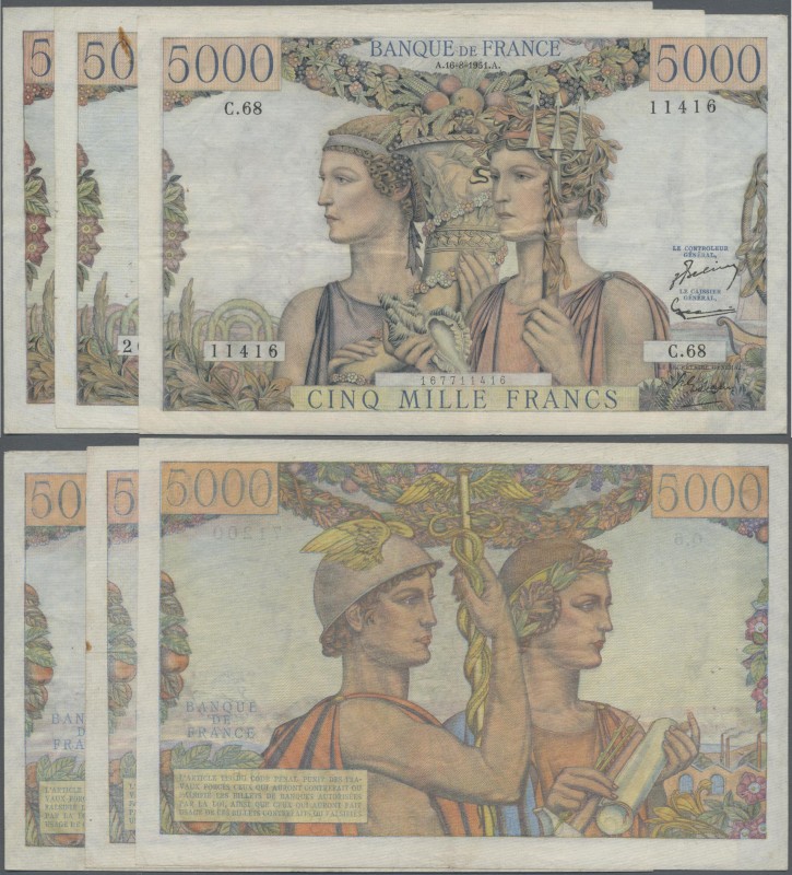 France: Banque de France set with 3 banknotes 5000 Francs 1949/51 ”Terre et Mer”...