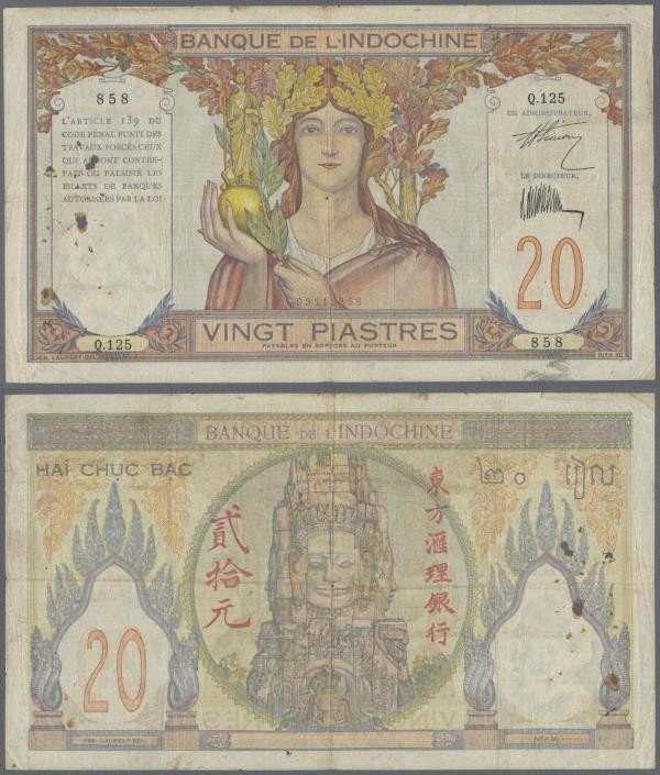 French Indochina: Banque de l'Indochine 20 Piastres ND(1928-31), P.50, larger ru...