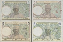 French West Africa: Banque de l'Afrique Occidentale set with 4 banknotes comprising 2x 5 Francs 1936/38 P.21, 5 Francs 1942 P.25 and 5 Francs 1943 P.2...