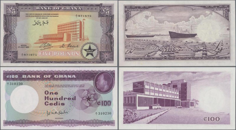 Ghana: Pair with 5 Pounds 1962 P.3d (UNC) and 100 Cedis ND(1965) P.9 (UNC). (2 p...