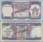 Ghana: Bank of Ghana 500 Cedis 1986 SPECIMEN, P.28as with black serial number A/I 0000000 and red overprint ”Specimen”, unfolded with tiny creases at ...