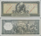 Greece: Bank of Greece 50 Drachmai 1955 SPECIMEN, P.191s, red serial number 000000, overprint ”Specimen” and perforation ”AKYPON”, very soft vertical ...