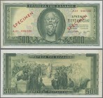 Greece: Bank of Greece 500 Drachmai 1955 SPECIMEN, P.193s with red serial number A.01 000 000 and red overprint ”Specimen”, soft vertical bend at cent...