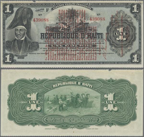 Haiti: Banque Nationale de la République d'Haïti 1 Gourde L.1919, P.140 overprin...