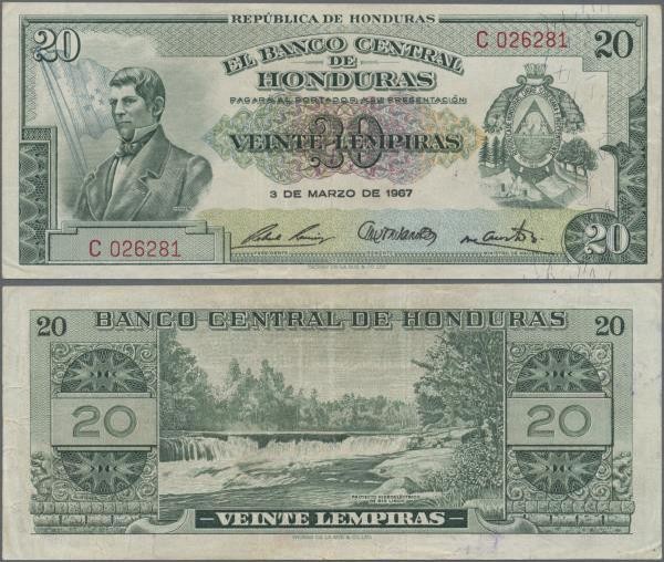 Honduras: El Banco Central de Honduras 20 Lempiras 1967, P.53c, very nice condit...