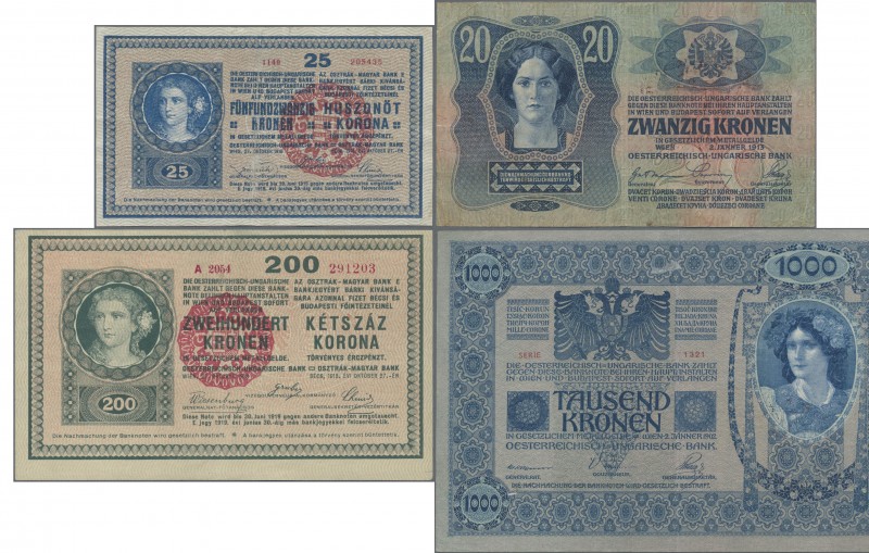 Hungary: Very nice set with 4 banknotes of the ND(1920) handstamp ”MAGYARORSZÁG”...