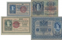 Hungary: Very nice set with 4 banknotes of the ND(1920) handstamp ”MAGYARORSZÁG” on Austro-Hungarian Kronen issue, comprising 20 Kronen 1913 (1920) P....