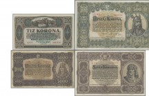 Hungary: Set with 7 banknotes of the 1920 and 1923 Ministry of Finance issue, comprising 2x 10 Korona 1920 P.60 (UNC), 2x 100 Korona 1920 P.63 (VF+, X...