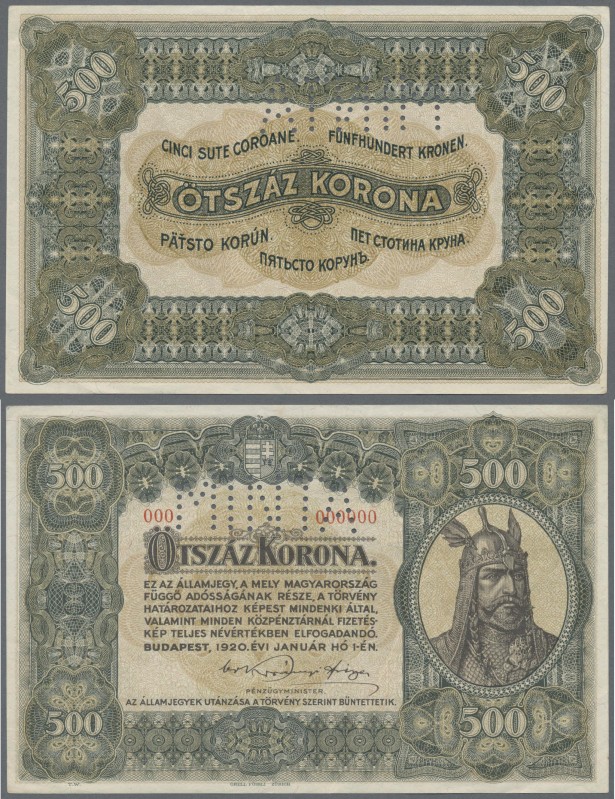 Hungary: Ministry of Finance 500 Korona 1920 SPECIMEN with perforation ”MINTA” a...