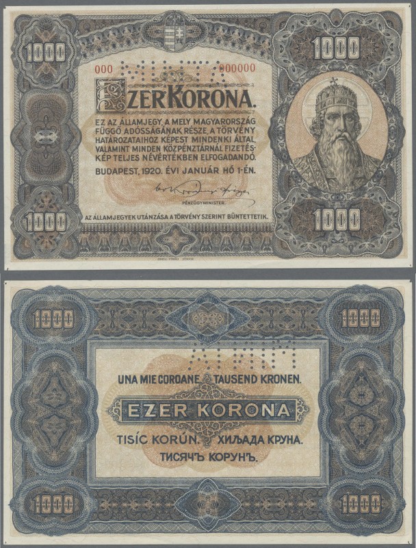 Hungary: Ministry of Finance 1000 Korona 1920 SPECIMEN with perforation ”MINTA” ...