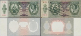 Hungary: Nice set with 3 different variations of the 10 Pengö 1936 P.100, first one the issued note in UNC, another issued note with additional black ...