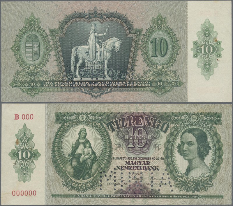 Hungary: Magyar Nemzeti Bank 10 Pengö 1936 SPECIMEN, P.100s with perforation ”MI...