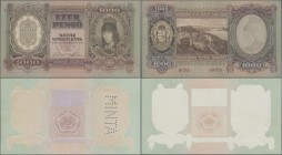 Hungary: Set with 3 different types of the 1000 Pengö 1943, P.116, containing the issued note in UNC condition, one underprint progressive proof of fr...