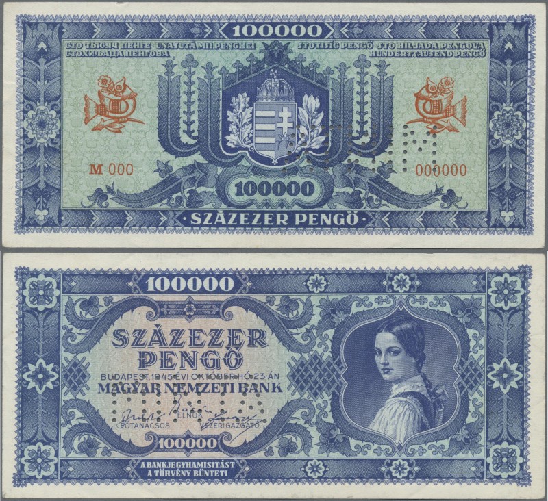 Hungary: Magyar Nemzeti Bank 100.000 Pengö 1945 in blue color SPECIMEN, P.120s w...