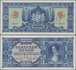 Hungary: Magyar Nemzeti Bank 100.000 Pengö 1945 in blue color SPECIMEN, P.120s with perforation ”MINTA” at center and red serial number M000 000000, t...
