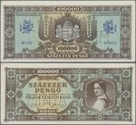 Hungary: Magyar Nemzeti Bank 100.000 Pengö 1945 in brown color SPECIMEN, P.121s with perforation ”MINTA” at center and blue serial number M000 000000,...