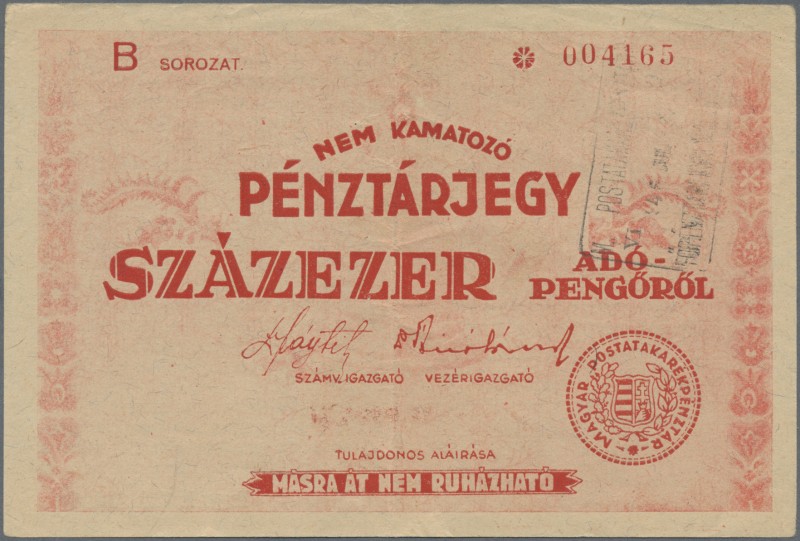 Hungary: Hungarian Postal Savings Bank 100.000 Adopengö 1946 with stamp ”M. POST...