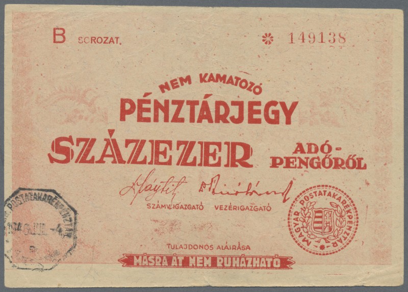 Hungary: Hungarian Postal Savings Bank 100.000 Adopengö 1946 with serial number ...