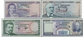 Iceland: Lot 4 Specimen Banknotes: 25 Kronur 1957 Specimen P. 39s, 100 Kronur 1961 P44s, 500 Kronur 1961 P 45s, 1000 Kronur 1961 P46s. All banknotes w...