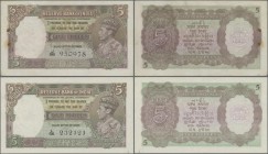 India: set of 2 notes of 5 Rupees ND portrait KGIV P. 18a,b in condition: XF+ to aUNC with minor tear at lower border and VF-. (2 pcs)
 [zzgl. 19 % M...