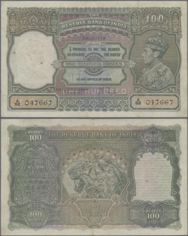 India: 100 Rupees ND(1937) portrait KGIV P. 20d, CALCUTTA issue, used with folds...