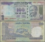 India: 100 Rupees P. 98 Error Note, printed with 2 different serial numbers on front, in used condition with stain in paper, condition: F-.
 [zzgl. 1...
