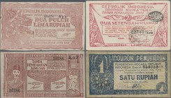 Indonesia: Set with 8 banknotes of the local & rebellious issues of the 1940's with 50 Rupiah P.S125, 2 x 1 Rupiah P.S182, 25 Rupiah P.S191, 1 Rupiah ...