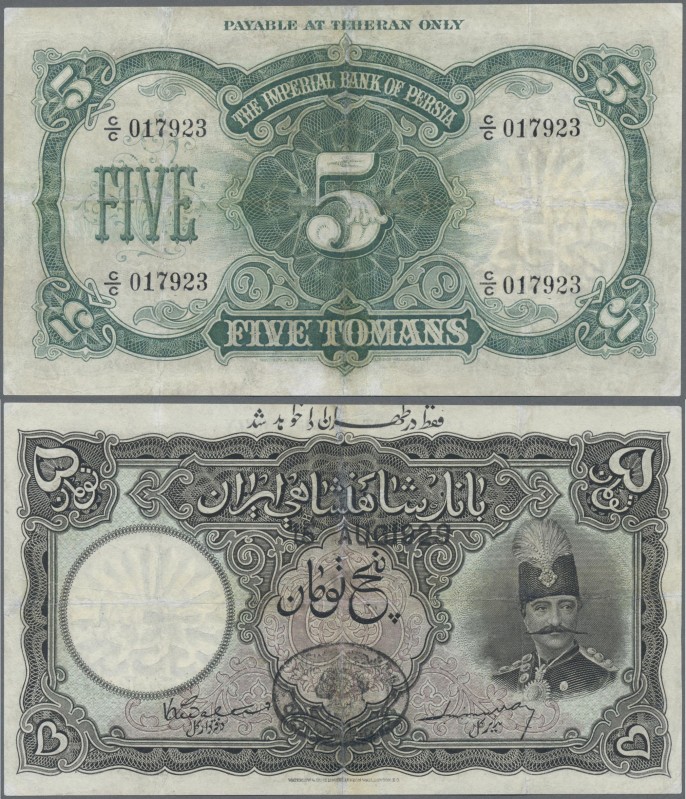 Iran: Imperial Bank of Persia 5 Tomans dated August 15th 1929 with additional ov...