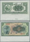 Iran: 5 Rials ND (1933) Specimen P. 24s with red ”Specimen” overprint, zero serial numbers and 2 cancellation holes. The lower border was not cut from...