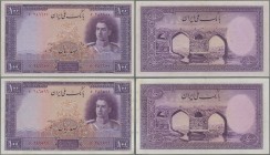 Iran: Bank Melli Iran, consecutive numbered pair of the 100 Rials ND(1944), P.44, one in excellent condition and original shape with soft vertical ben...