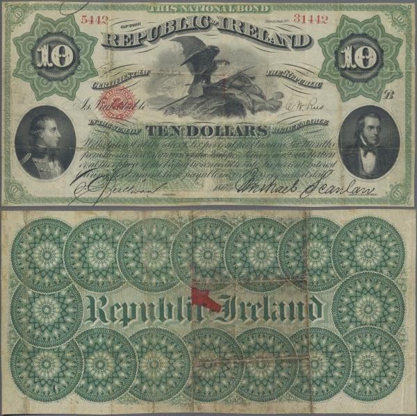 Ireland: National bond of 10 Dollars 1867, P.S102a, some folds and tiny holes at...