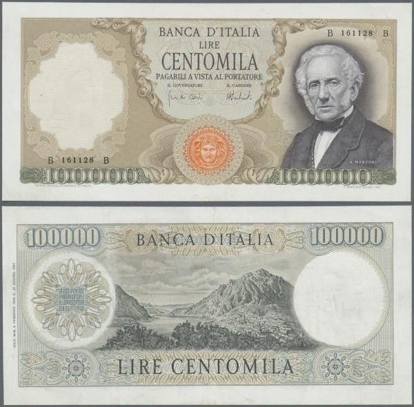 Italy: 100.000 Lire 1974 P. 100c Manzoni, S/N B 161128 B, light vertical folds i...