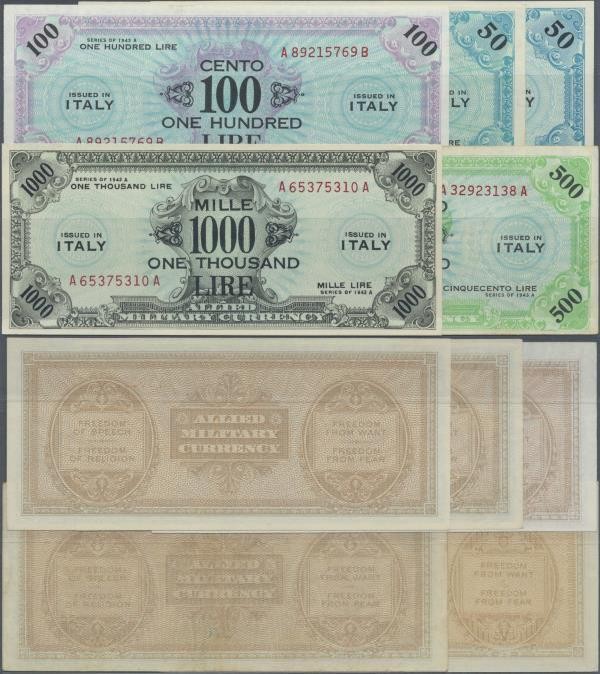 Italy: set of 5 notes Allied Military Currency containing 50 Lire 1943, 50, 100,...