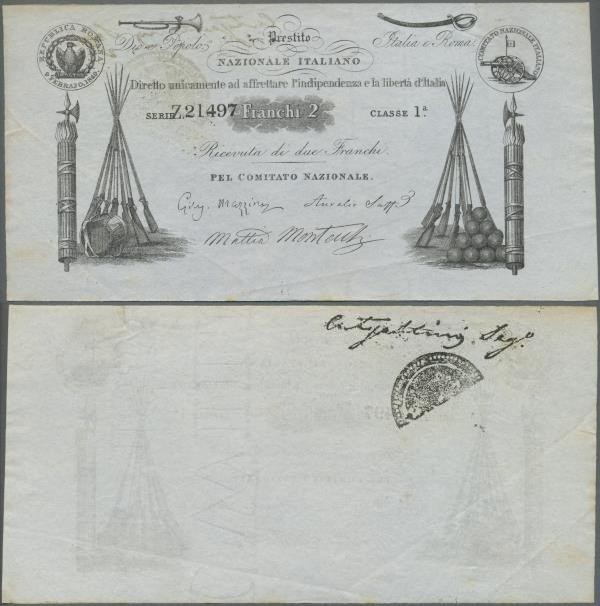 Italy: 2 Franchi 1849 Prestitio Natzionale Italiano, rare note, stamped on back,...