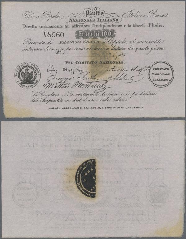 Italy: Rare ”Prestito Nazionale Italiano” 100 Franchi 185x remainder P. NL, half...