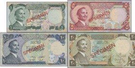 Jordan: Central Bank of Jordan, set with 1/2, 1, 5, 10 and 20 Dinars ND(1975-92) SPECIMEN, P17s-P21s, staple holes, bownish stains and traces from pap...