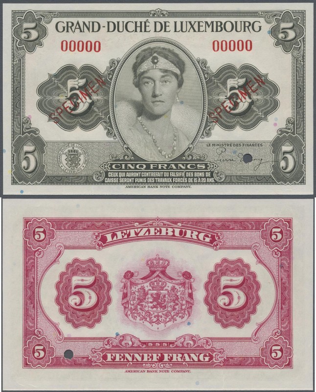 Luxembourg: Grand-Duché de Luxembourg 5 Francs ND(1944) SPECIMEN, P.43s with red...